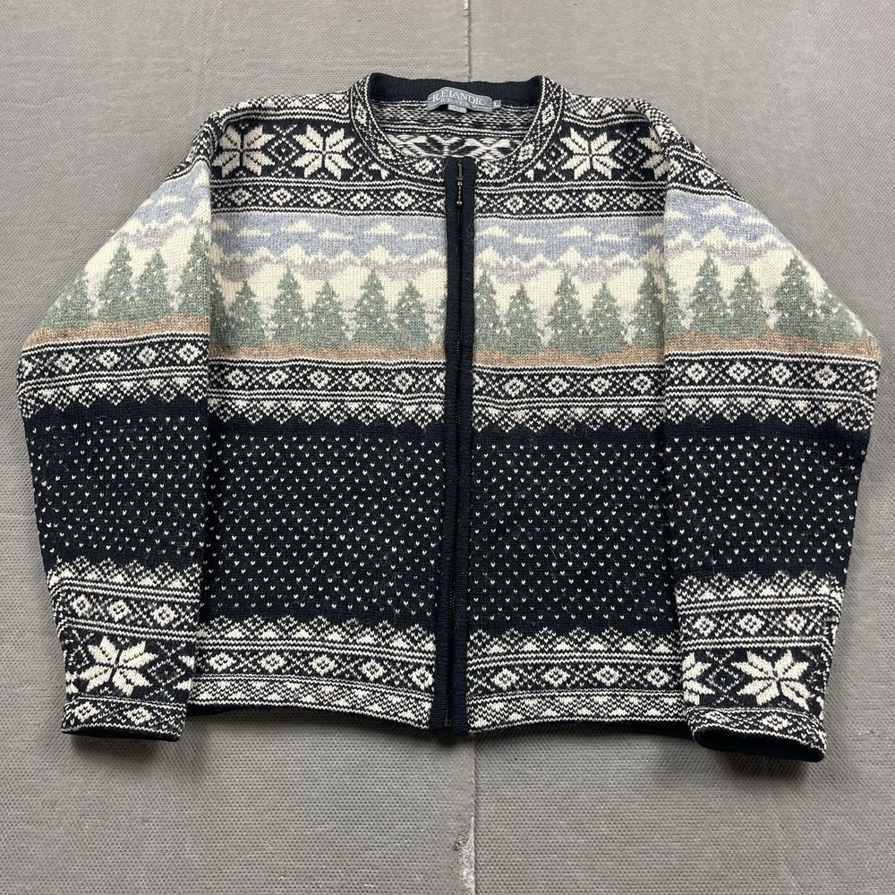 Icelandic Design Sweater Womens Large Full Zip Wool Cardigan Jacket Fair Isle
